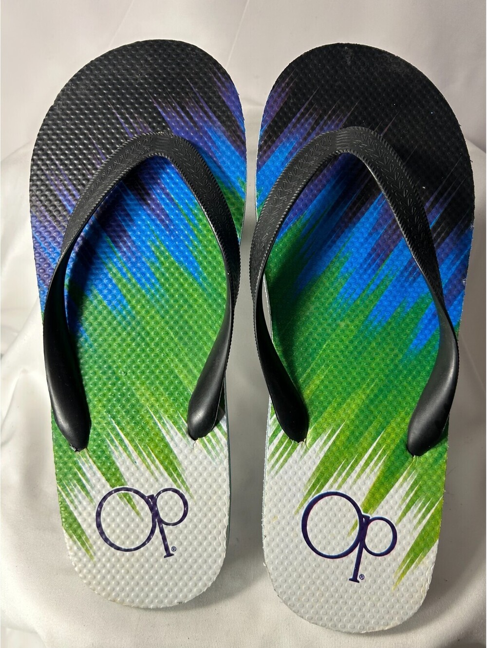 OP Ocean Pacific Men's Flip Flops Sandals 9/10 Blue Green Graphic Print